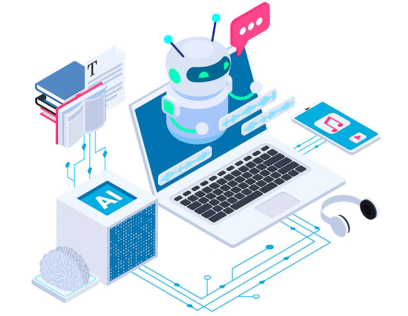 Ilustración de un asistente de inteligencia artificial conectado a herramientas digitales